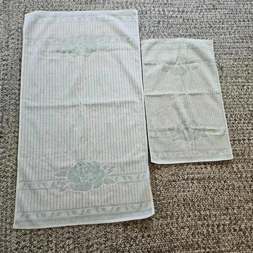 Cannon‎ Bath & Hand Towel Royal Family Retro Mod Flowers Mint Green USA Vintage